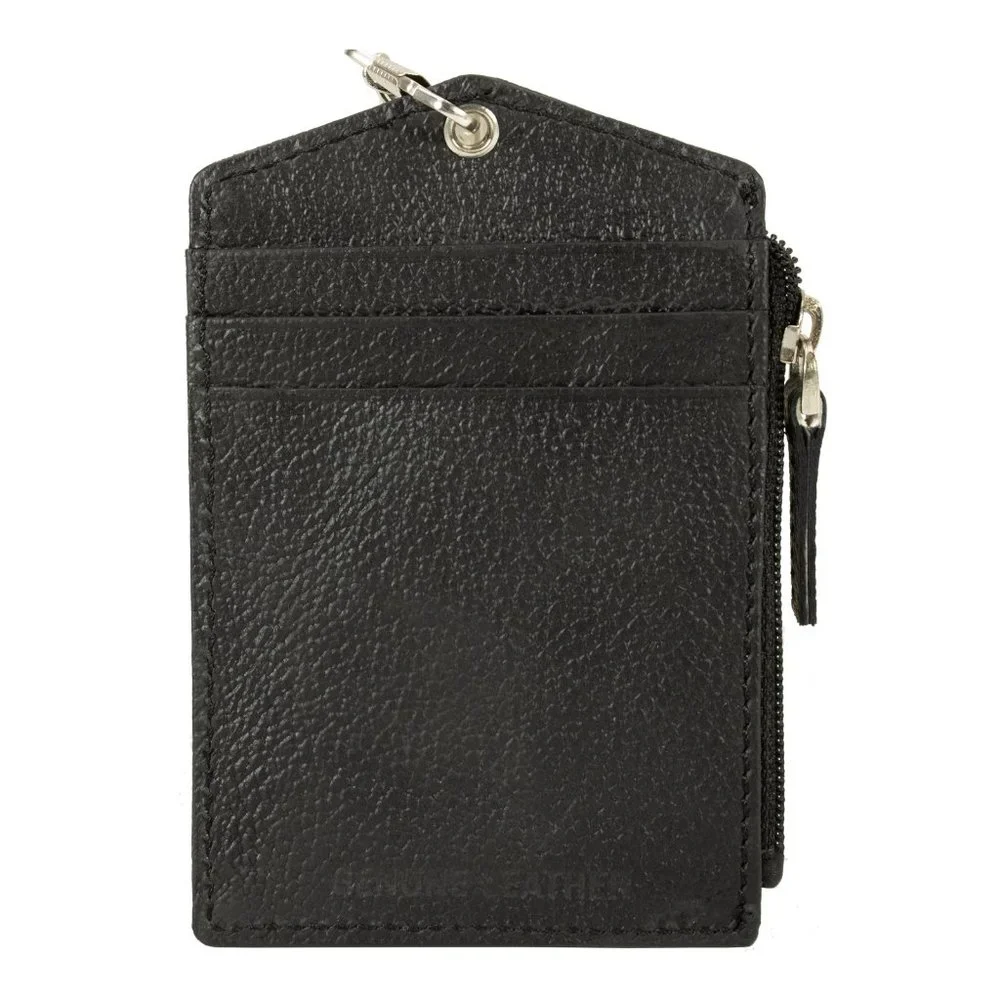 ID lanyard Card Holder in Genuine Leather, Black